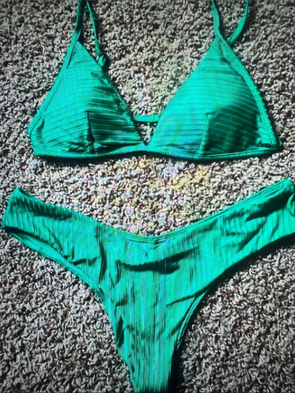 Green Ribbed Triangle Bikini Set - Women Swim